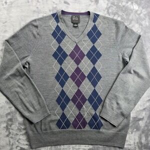 Jos A Bank Traveler Mens M Grey‎ Argyle V-Neck 100% Merino Wool Sweater